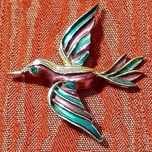 HUMMINGBIRD Brooch/Pin Enamel Rhinestone Eye VINTAGE COLLECTABLE
